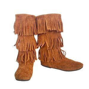 Minnetonka Fringe Suede Boots Moccasin Tall 3 Layer Festival Brown Women’s 8